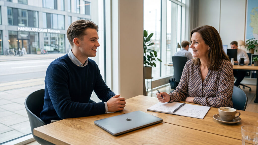 Jobsamtale kontorassistent: Den ultimative guide til at score jobbet En ung ansøger til en jobsamtale kontorassistent sidder over for afdelingslederen i et moderne mødelokale og smiler.
