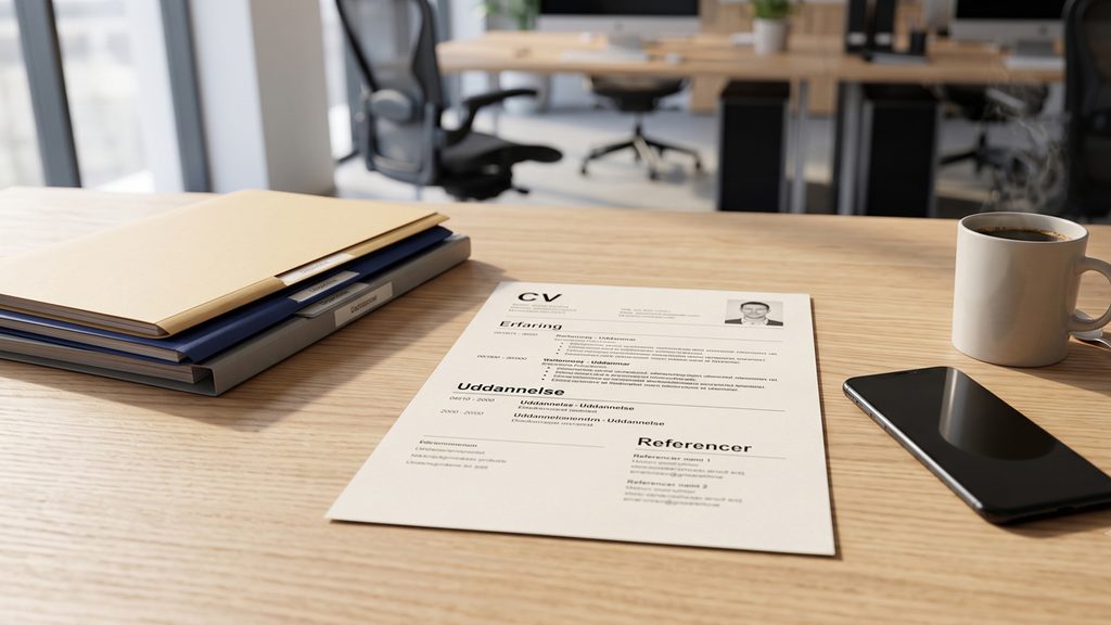 Et udskrevet CV og sagsmapper ligger klar på skrivebordet inden en jobsamtale kontorassistent.