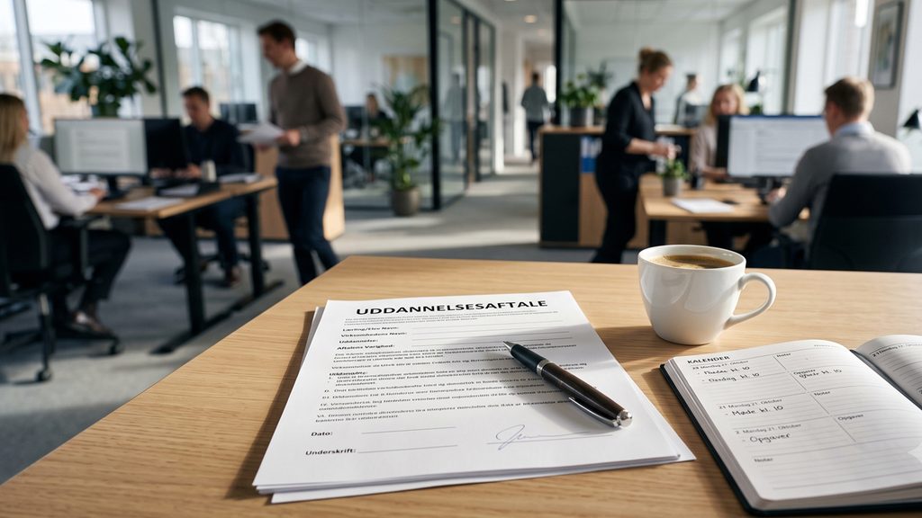En underskrevet uddannelsesaftale ligger klar på skrivebordet. At finde en elevplads er det vigtigste skridt på din kontorassistent uddannelse.