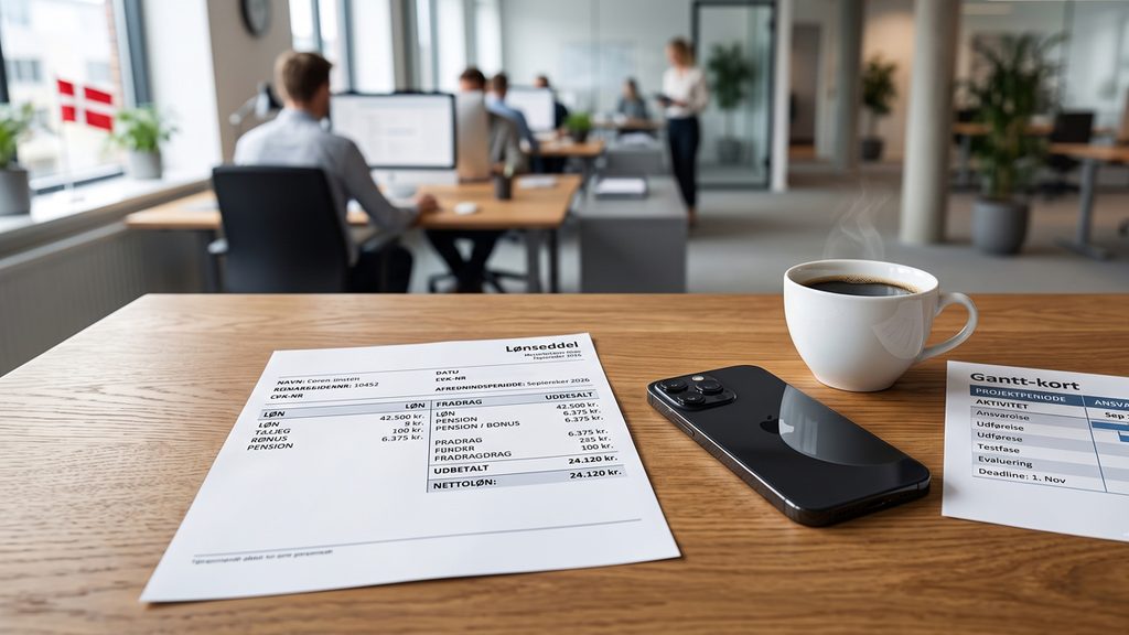 En lønseddel og en projektplan ligger klar på skrivebordet. Er du nysgerrig på, hvad får en projektleder i løn? Din projektleder løn udgøres ofte af en solid grundløn kombineret med præstationsbonusser.