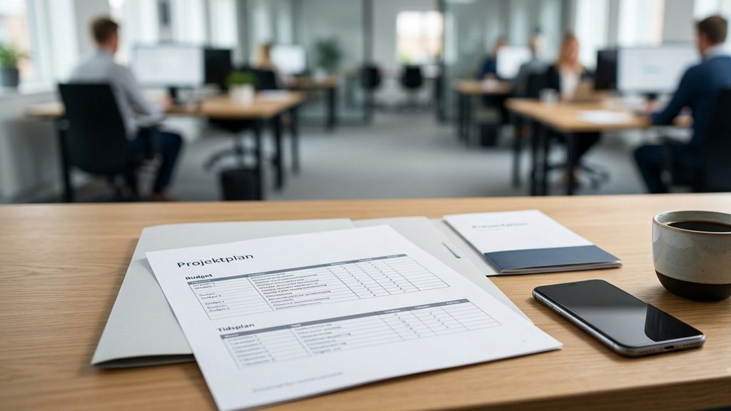 En projektplan og et budget ligger klar på et lyst skrivebord før et teammøde.